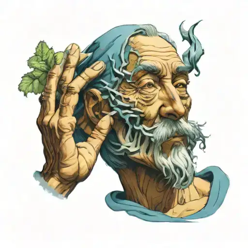depicting a sage who, with their left hand, is tearing the skin off the left side of their face. tattoo design idea