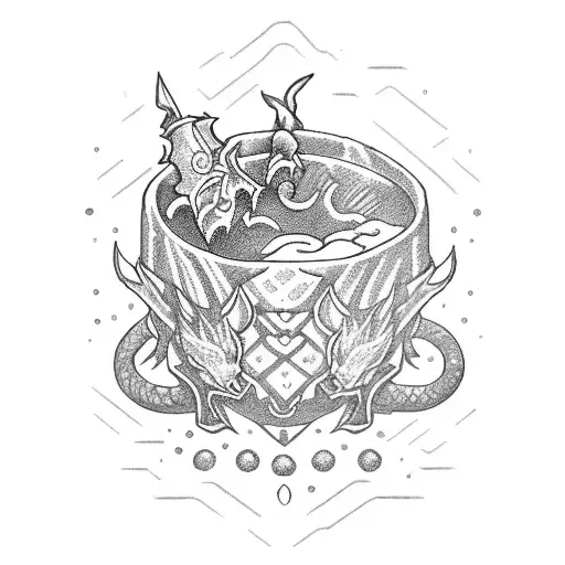 A dotwork tattoo of a Final Fantasy 7 inspired dragon brewing beer in a magical cauldron tattoo design idea