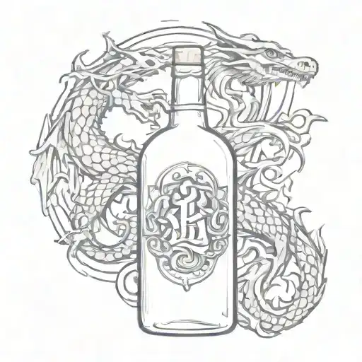 alcohol bottle with dragon around it and luck symbol tattoo design idea