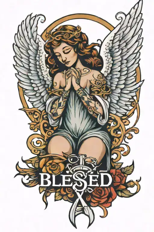 angel and word blessed tattoo design idea