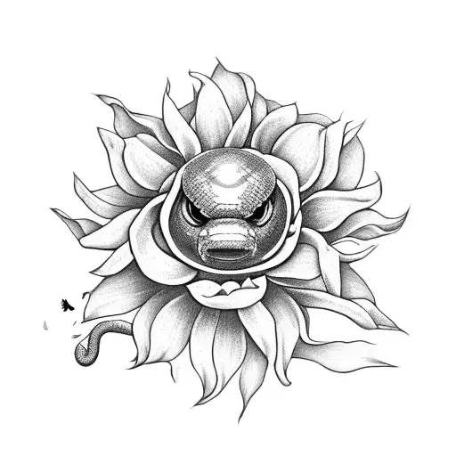 poisonous snake wrapping around a sunflower  and peonies, marigold flower, a bee on the sunflower tattoo design idea