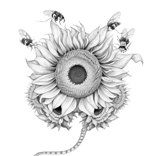 snake wrapping through and around  sunflowers and peonies, a bee on the sunflower tattoo design idea