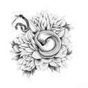 snake wrapping around a  sunflower  and peonies, a bee on the sunflower tattoo design idea