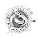 snake wrapping around a  sunflower  and peonies, a bee on the sunflower tattoo design idea