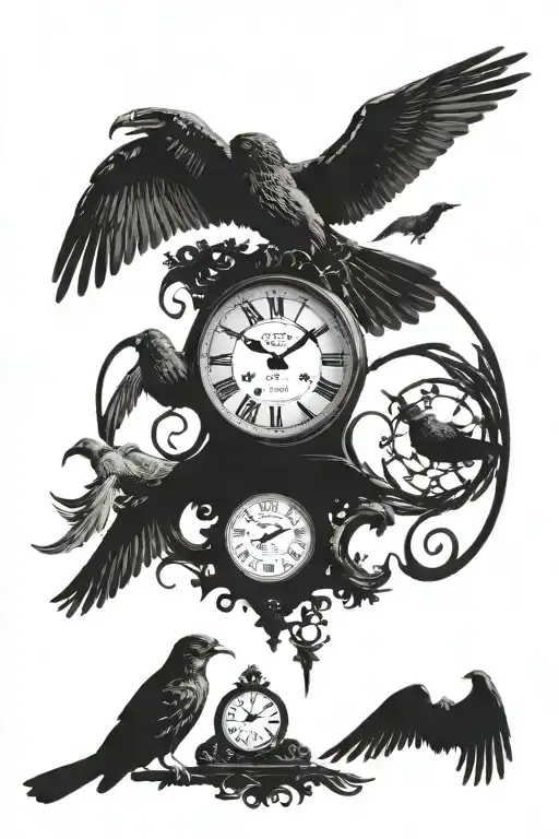 roman numberals clock  at 9:23, two birds flying, three crosses tattoo design idea