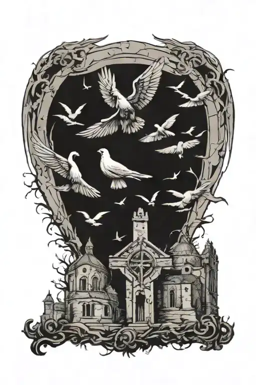 roman numberals at 9:23, two birds flying, three crosses tattoo design idea