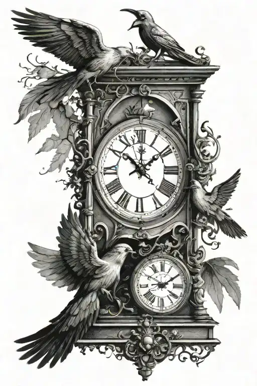 roman numberals clock, two birds flying, three crosses tattoo design idea