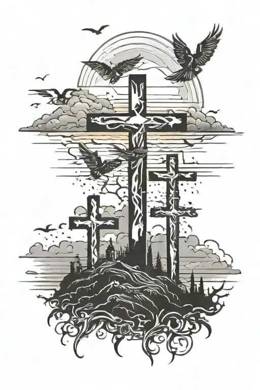 sunset with three crosses and two birds flying away tattoo design idea