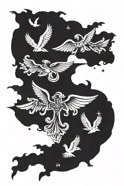 two birds flying, three crosses horizontally a scar tattoo design idea