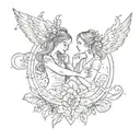 A tattoo design of twin sisters holding hands, surrounded by symbols of music, video games, entrepreneurship, and natural medicine, with a banner that reads 'Family is Forever' in honor of your love for family. tattoo design idea