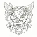 A tattoo design of twin sisters holding hands, surrounded by symbols of music, video games, entrepreneurship, and natural medicine, with a banner that reads 'Family is Forever' in honor of your love for family. tattoo design idea