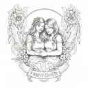 A tattoo design of twin sisters holding hands, surrounded by symbols of music, video games, entrepreneurship, and natural medicine, with a banner that reads 'Family is Forever' in honor of your love for family. tattoo design idea