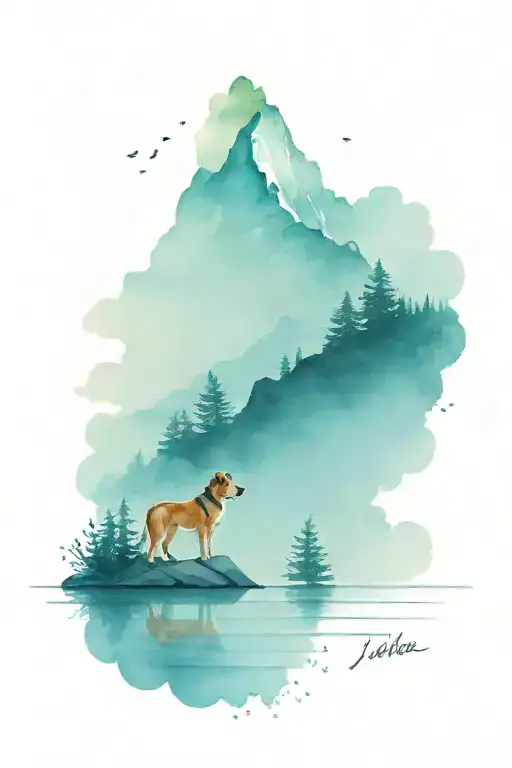 mountain, lake, fishing and dog  tattoo design idea