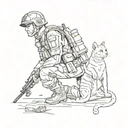 A sketch of a soldier in a combat stance, with a cat perched on their shoulder like a loyal companion tattoo design idea