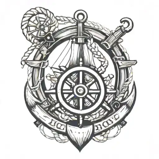 Log pose surrounded by anchor, rope and ship steering wheel tattoo design idea