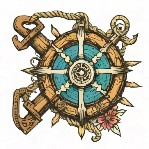 Log pose, steering wheel ship, rope, anchor tattoo design idea