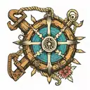 Log pose, steering wheel ship, rope, anchor tattoo design idea