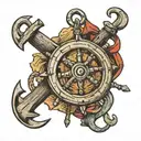 Log pose, steering wheel ship, rope, anchor tattoo design idea