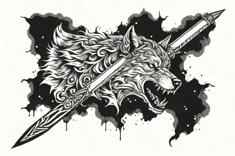 Sword blade coming out of wolf head. Blade fades into nebula clouds. Wolf head has black flame/clouds fading into it tattoo design idea
