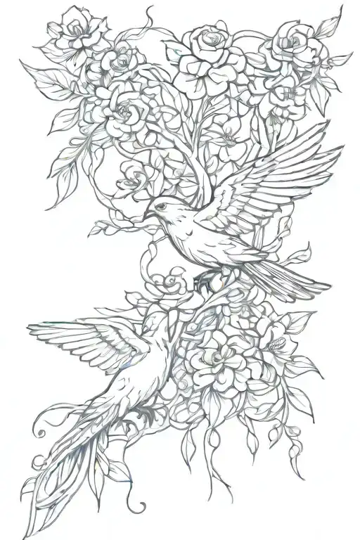 flower vine with doves and mocking bird masculine  tattoo design idea