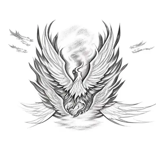 Strong but delicate stenciled phoenix with open wings and fire originating from its tail tattoo design idea