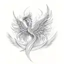 Delicate stenciled phoenix with open wings and fire originating from its tail tattoo design idea