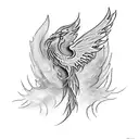 Delicate stenciled phoenix with open wings and fire originating from its tail tattoo design idea