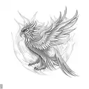 Delicate stenciled phoenix with open wings and fire originating from its tail tattoo design idea