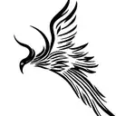 Strong but delicate stenciled phoenix with open wings and fire originating from its tail tattoo design idea