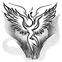 Strong but delicate stenciled phoenix with open wings and fire originating from its tail tattoo design idea
