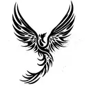 Strong but delicate stenciled phoenix with open wings and fire originating from its tail tattoo design idea