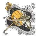 Saturn with the name NOAH AND A CROSS MOON written tattoo design idea