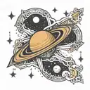 Saturn with the name NOAH AND A CROSS MOON written tattoo design idea