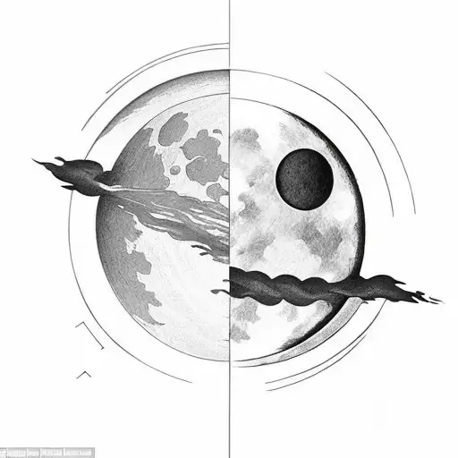 Half sun and half moon. I want them to make a planet together. Vertically shown.  Above them i want some shadows  tattoo design idea