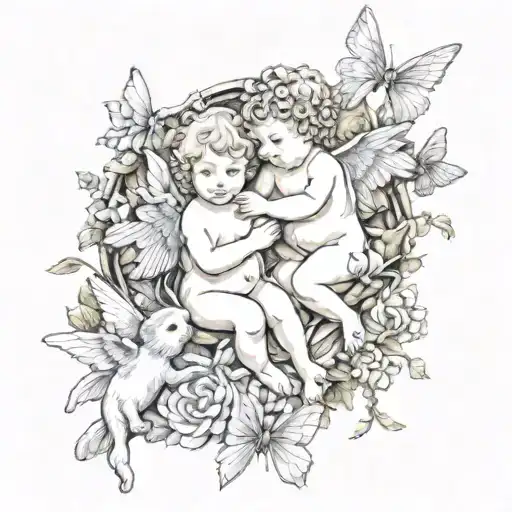 cherub angels butterflies surrounding tattoo design idea