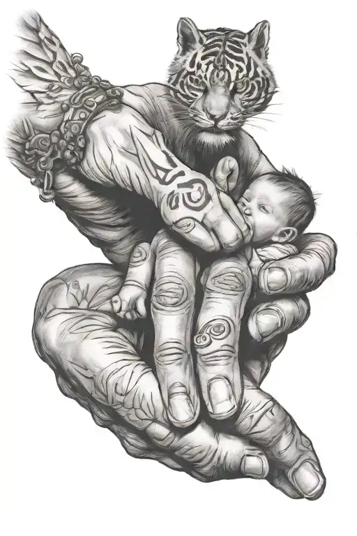 draw a father's hand holding small child's fingers . to mention child's name KIAAN  tattoo design idea