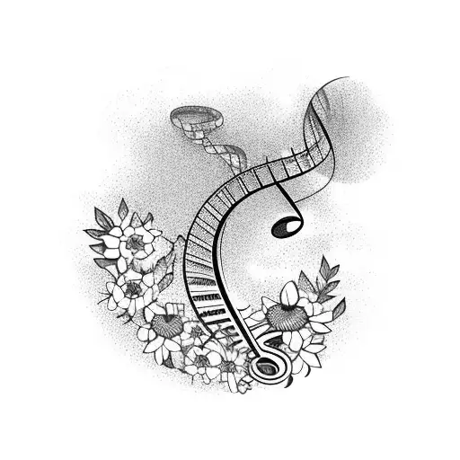 A realistic tattoo of a hiking trail winding through a field of blooming flowers, with musical notes floating in the air tattoo design idea