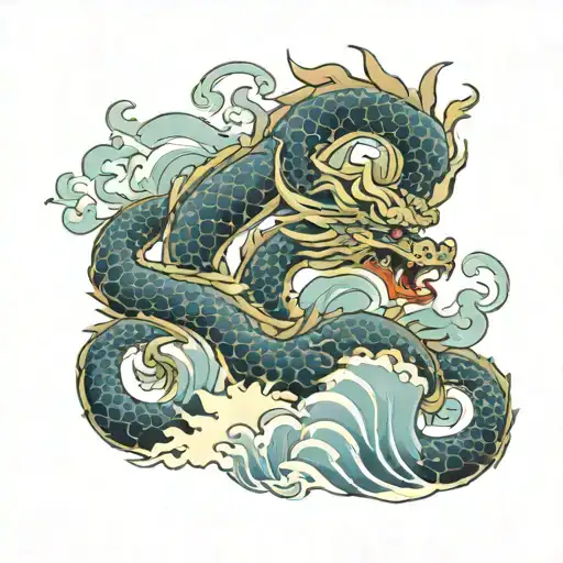 japanese front facing dragon surrounded by japanese waves  tattoo design idea