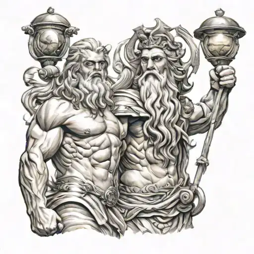 realistic and full arm and zeus y poseidon tattoo design idea