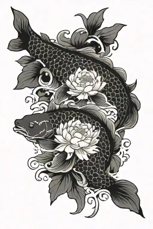 peony and wave carp tattoo design idea