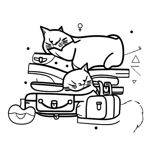 A sleeping cat curled up on a stack of suitcases, symbolizing your love for naps and travel tattoo design idea