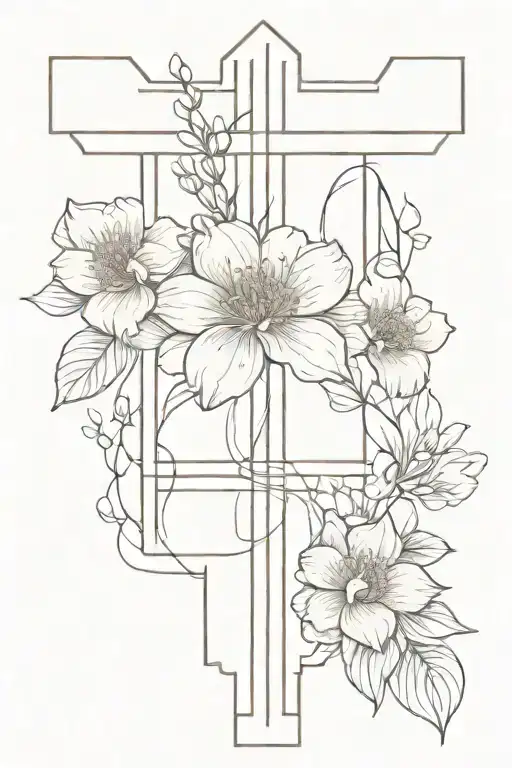 a cross with the birth flowers of may january and augest on it as a bouqet  tattoo design idea