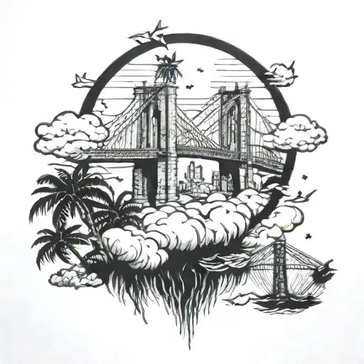 baby twin angels battlling with palm trees clouds and new you city sky line with Brooklyn bridge  tattoo design idea