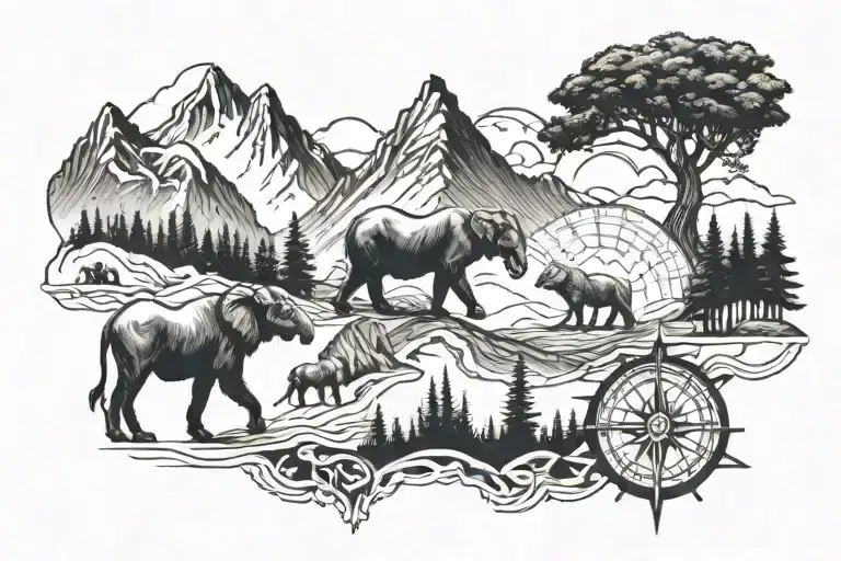 Mountains, hills, forests, Elephant, wolf, eagle, compass designs tattoo design idea
