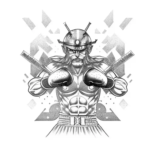 A powerful warrior in a boxing stance, surrounded by Japanese manga elements tattoo design idea