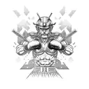 A powerful warrior in a boxing stance, surrounded by Japanese manga elements tattoo design idea
