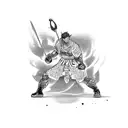 A powerful warrior in a boxing stance, surrounded by Japanese manga elements tattoo design idea