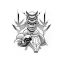 A powerful warrior in a boxing stance, surrounded by Japanese manga elements tattoo design idea