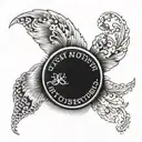 A coin landing on its edge, with the words "Fatum Nostrum Eligimus" wrapped around the edge of the tattoo.  tattoo design idea