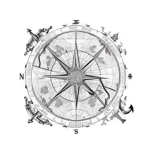 A world map made up of intricate nautical elements like compasses, anchors, and ships tattoo design idea